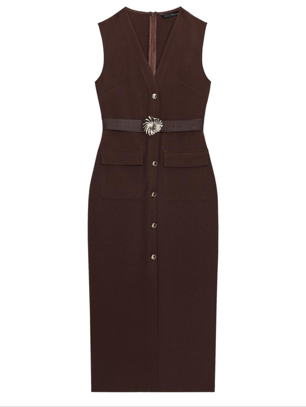 Zara Crepe Midi Brown Dress W/ Gold Detail Small